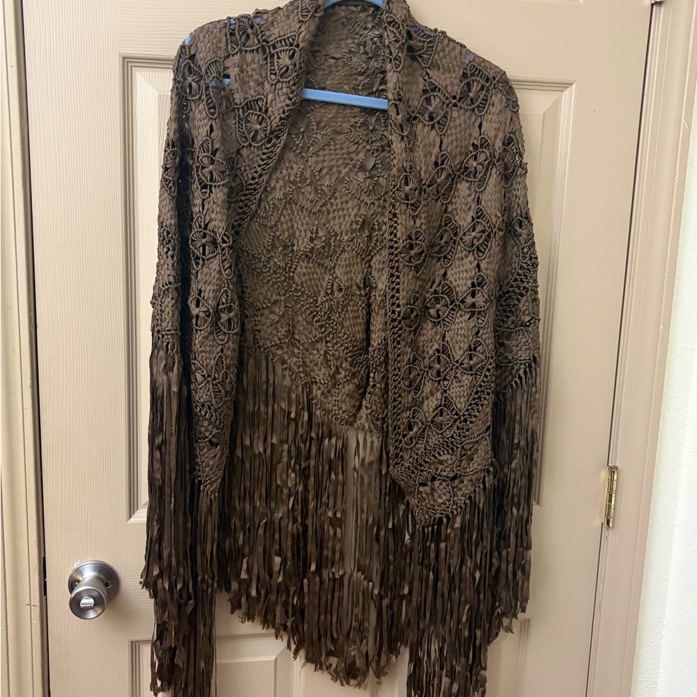 Elegant Brown Fringe Women's Ribbon Crochet Shawel